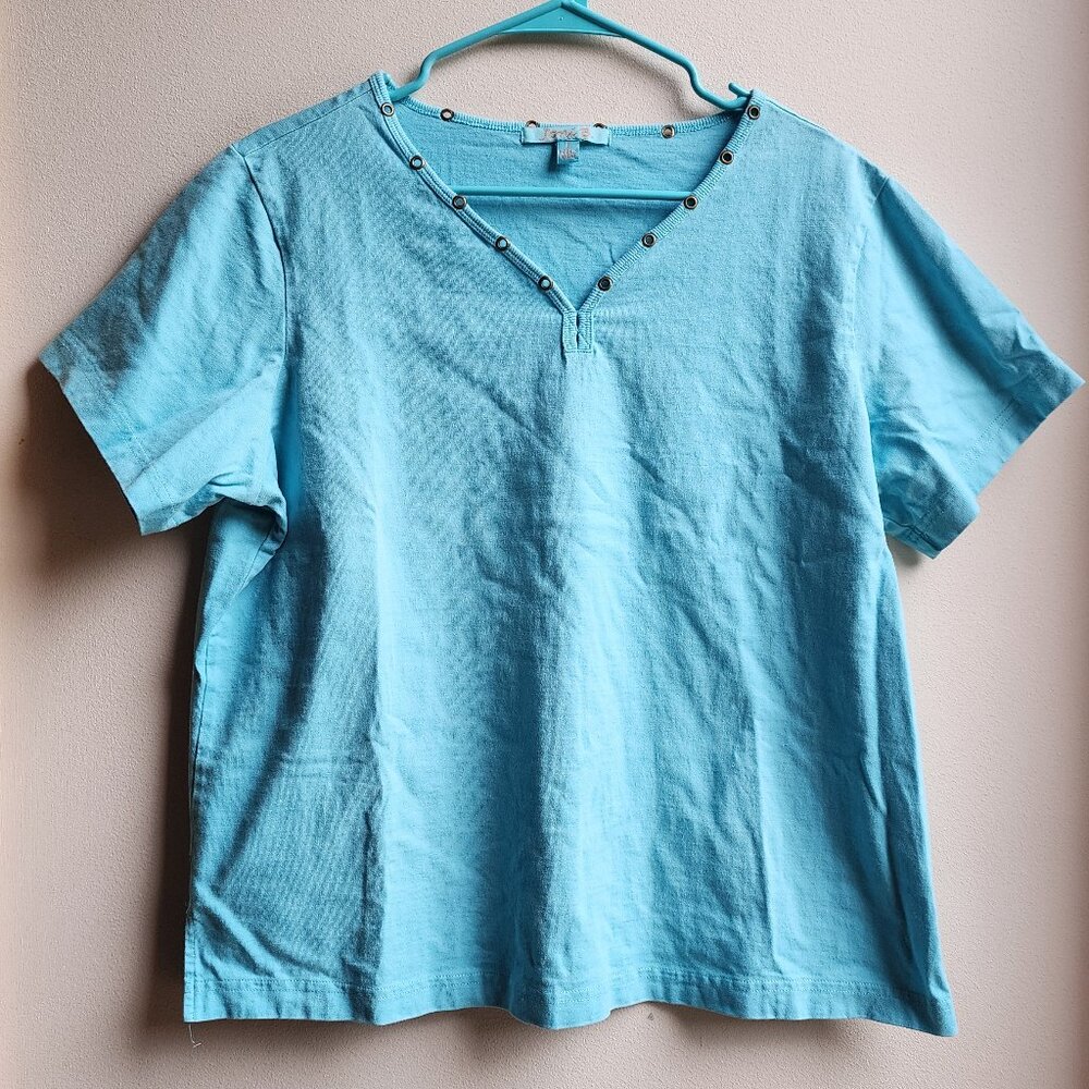 Joni B Aqua Blue V-Neck Short Sleeve Jersey Size Large